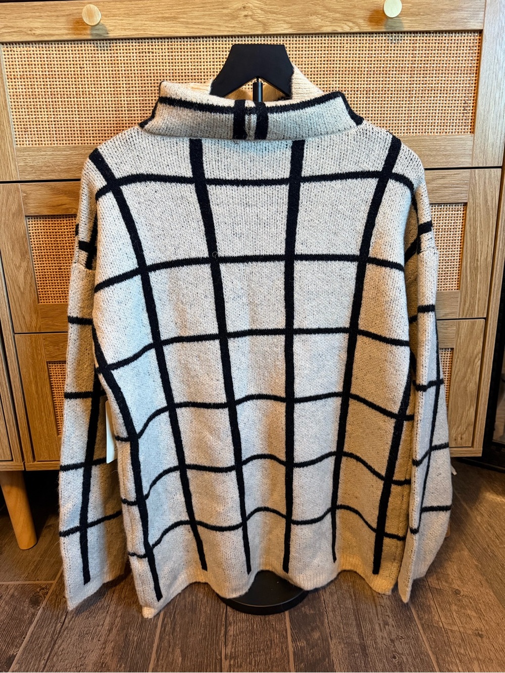 Doe & Rae Cream and Black Windowpane Turtleneck Sweater - Picture 3 of 5